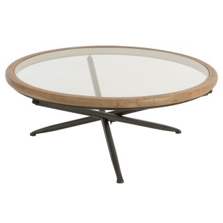 Table basse ronde SHON verre, métal noir et bois marron ( LARGE )